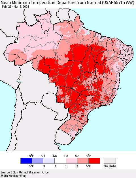 Brazil Mean Minimum Temperature Departure from Normal (USAF 557th WW) Thematic Map For 2/26/2024 - 3/3/2024