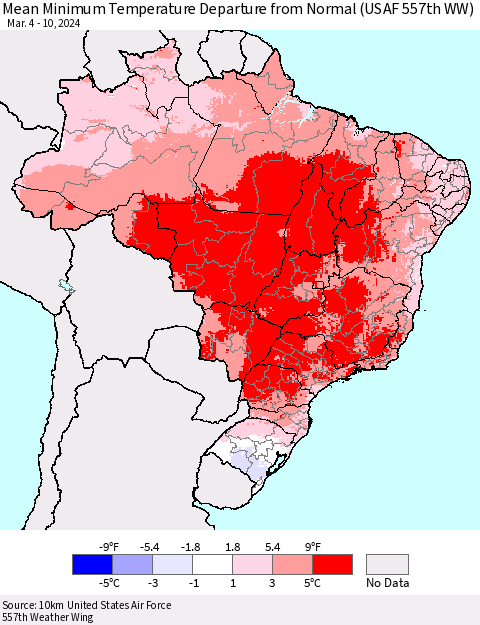 Brazil Mean Minimum Temperature Departure from Normal (USAF 557th WW) Thematic Map For 3/4/2024 - 3/10/2024