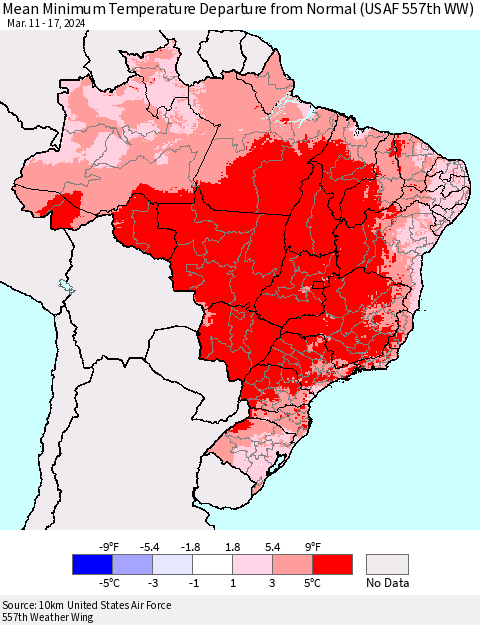 Brazil Mean Minimum Temperature Departure from Normal (USAF 557th WW) Thematic Map For 3/11/2024 - 3/17/2024