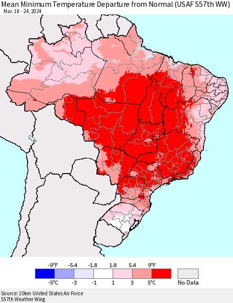 Brazil Mean Minimum Temperature Departure from Normal (USAF 557th WW) Thematic Map For 3/18/2024 - 3/24/2024