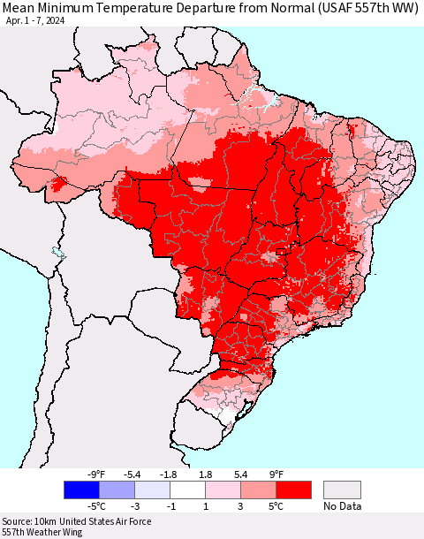 Brazil Mean Minimum Temperature Departure from Normal (USAF 557th WW) Thematic Map For 4/1/2024 - 4/7/2024