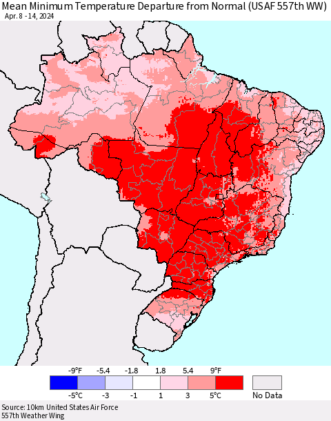 Brazil Mean Minimum Temperature Departure from Normal (USAF 557th WW) Thematic Map For 4/8/2024 - 4/14/2024