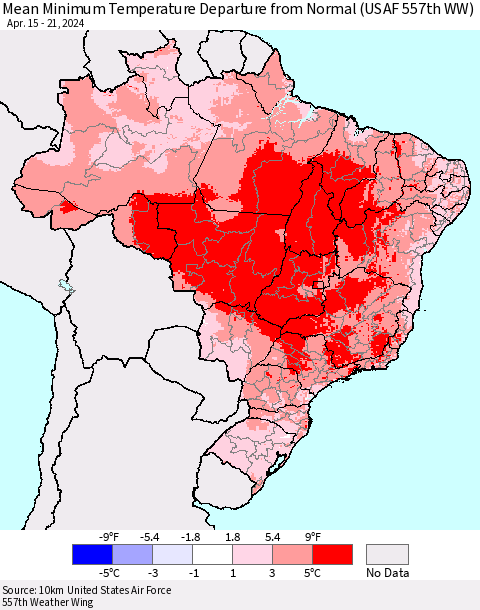 Brazil Mean Minimum Temperature Departure from Normal (USAF 557th WW) Thematic Map For 4/15/2024 - 4/21/2024
