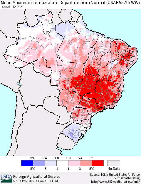 Brazil Mean Maximum Temperature Departure from Normal (USAF 557th WW) Thematic Map For 9/6/2021 - 9/12/2021