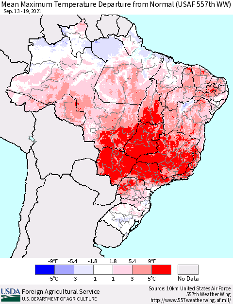Brazil Mean Maximum Temperature Departure from Normal (USAF 557th WW) Thematic Map For 9/13/2021 - 9/19/2021