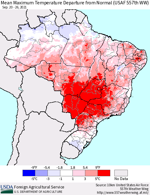 Brazil Mean Maximum Temperature Departure from Normal (USAF 557th WW) Thematic Map For 9/20/2021 - 9/26/2021
