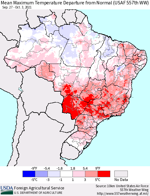 Brazil Mean Maximum Temperature Departure from Normal (USAF 557th WW) Thematic Map For 9/27/2021 - 10/3/2021
