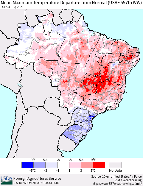 Brazil Mean Maximum Temperature Departure from Normal (USAF 557th WW) Thematic Map For 10/4/2021 - 10/10/2021