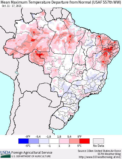 Brazil Mean Maximum Temperature Departure from Normal (USAF 557th WW) Thematic Map For 10/11/2021 - 10/17/2021