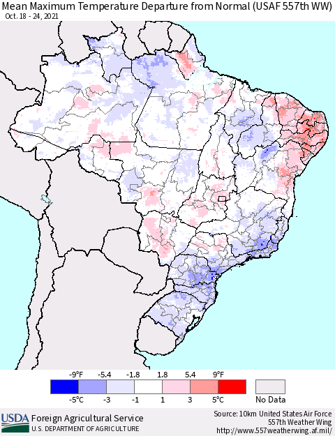 Brazil Mean Maximum Temperature Departure from Normal (USAF 557th WW) Thematic Map For 10/18/2021 - 10/24/2021