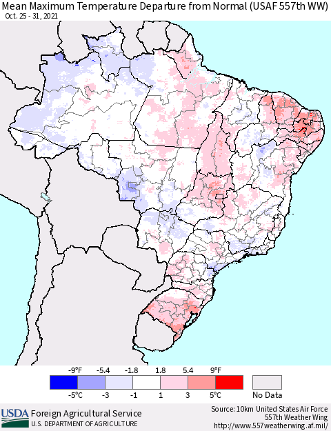 Brazil Mean Maximum Temperature Departure from Normal (USAF 557th WW) Thematic Map For 10/25/2021 - 10/31/2021