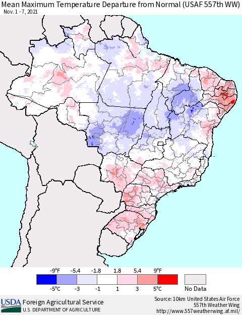 Brazil Mean Maximum Temperature Departure from Normal (USAF 557th WW) Thematic Map For 11/1/2021 - 11/7/2021