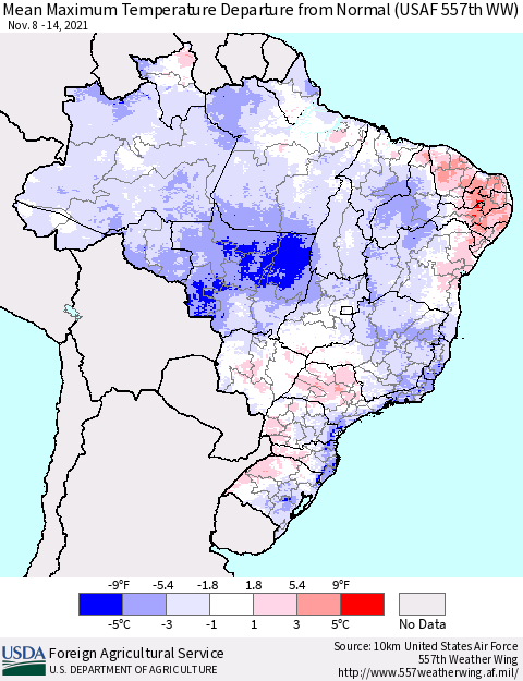 Brazil Mean Maximum Temperature Departure from Normal (USAF 557th WW) Thematic Map For 11/8/2021 - 11/14/2021