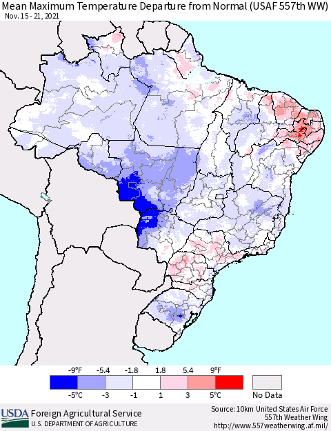 Brazil Mean Maximum Temperature Departure from Normal (USAF 557th WW) Thematic Map For 11/15/2021 - 11/21/2021