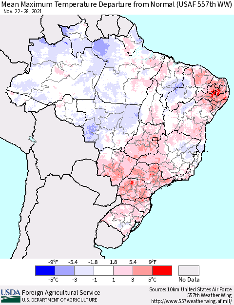 Brazil Mean Maximum Temperature Departure from Normal (USAF 557th WW) Thematic Map For 11/22/2021 - 11/28/2021