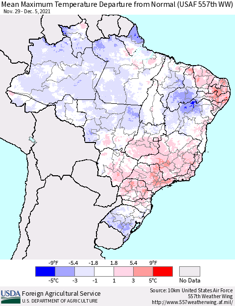Brazil Mean Maximum Temperature Departure from Normal (USAF 557th WW) Thematic Map For 11/29/2021 - 12/5/2021