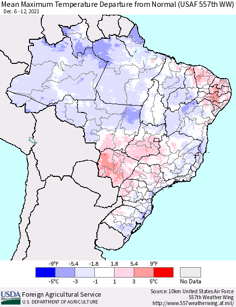 Brazil Mean Maximum Temperature Departure from Normal (USAF 557th WW) Thematic Map For 12/6/2021 - 12/12/2021