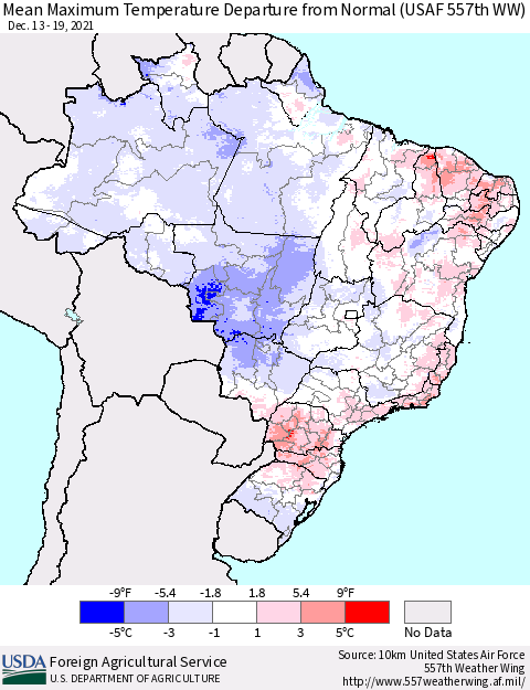 Brazil Mean Maximum Temperature Departure from Normal (USAF 557th WW) Thematic Map For 12/13/2021 - 12/19/2021