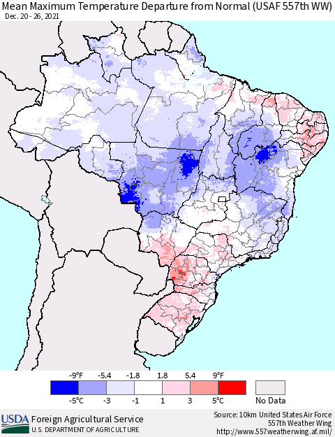 Brazil Mean Maximum Temperature Departure from Normal (USAF 557th WW) Thematic Map For 12/20/2021 - 12/26/2021