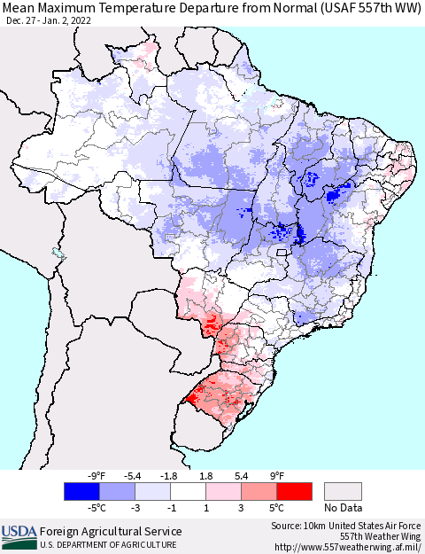 Brazil Mean Maximum Temperature Departure from Normal (USAF 557th WW) Thematic Map For 12/27/2021 - 1/2/2022