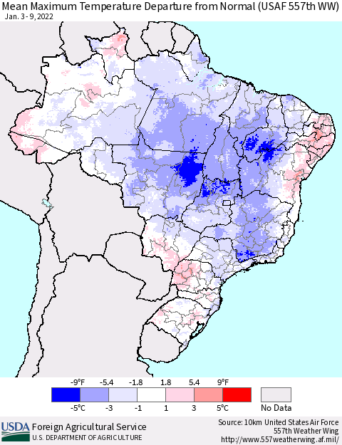 Brazil Mean Maximum Temperature Departure from Normal (USAF 557th WW) Thematic Map For 1/3/2022 - 1/9/2022
