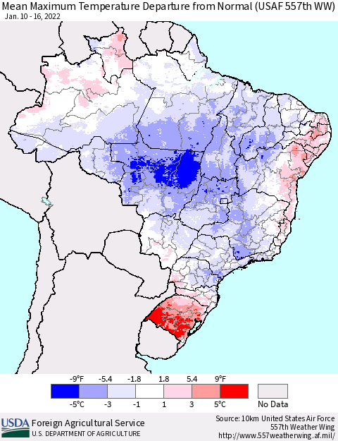 Brazil Mean Maximum Temperature Departure from Normal (USAF 557th WW) Thematic Map For 1/10/2022 - 1/16/2022