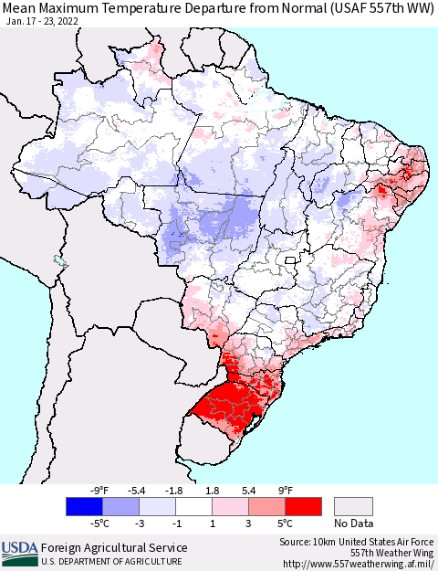 Brazil Mean Maximum Temperature Departure from Normal (USAF 557th WW) Thematic Map For 1/17/2022 - 1/23/2022