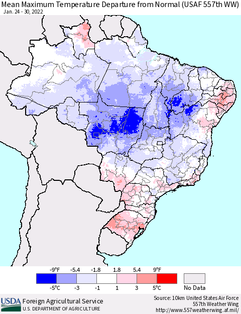 Brazil Mean Maximum Temperature Departure from Normal (USAF 557th WW) Thematic Map For 1/24/2022 - 1/30/2022