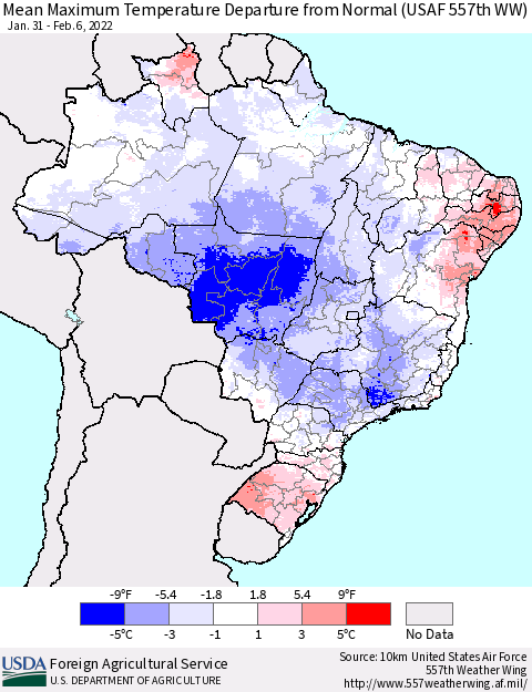 Brazil Mean Maximum Temperature Departure from Normal (USAF 557th WW) Thematic Map For 1/31/2022 - 2/6/2022