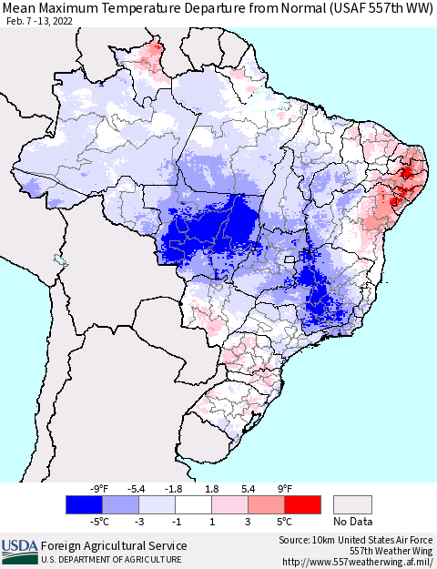 Brazil Mean Maximum Temperature Departure from Normal (USAF 557th WW) Thematic Map For 2/7/2022 - 2/13/2022