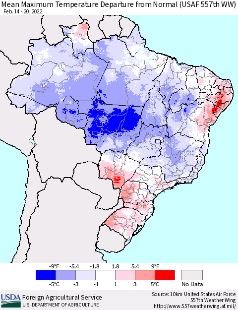 Brazil Mean Maximum Temperature Departure from Normal (USAF 557th WW) Thematic Map For 2/14/2022 - 2/20/2022