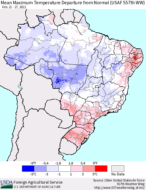 Brazil Mean Maximum Temperature Departure from Normal (USAF 557th WW) Thematic Map For 2/21/2022 - 2/27/2022