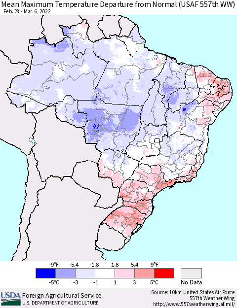 Brazil Mean Maximum Temperature Departure from Normal (USAF 557th WW) Thematic Map For 2/28/2022 - 3/6/2022