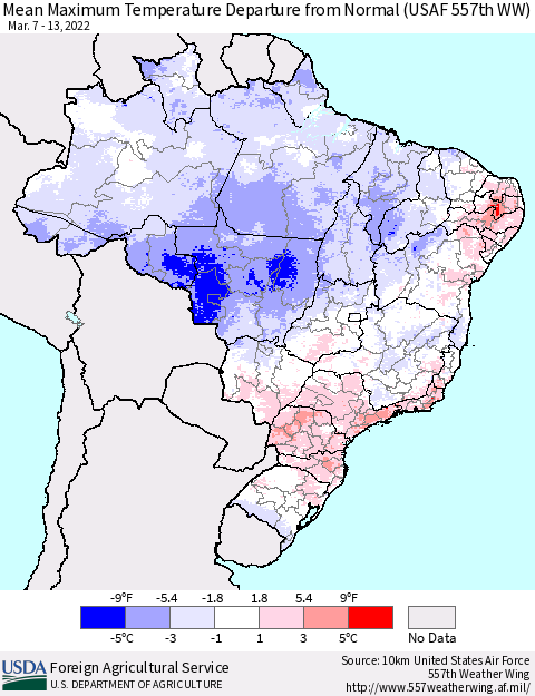 Brazil Mean Maximum Temperature Departure from Normal (USAF 557th WW) Thematic Map For 3/7/2022 - 3/13/2022