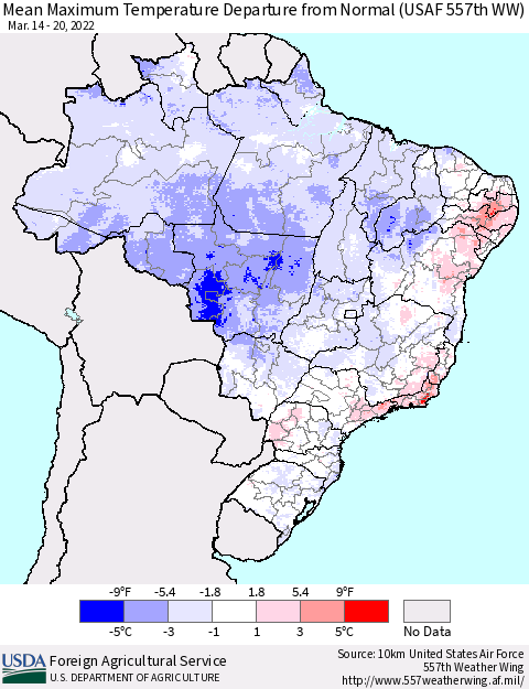 Brazil Mean Maximum Temperature Departure from Normal (USAF 557th WW) Thematic Map For 3/14/2022 - 3/20/2022