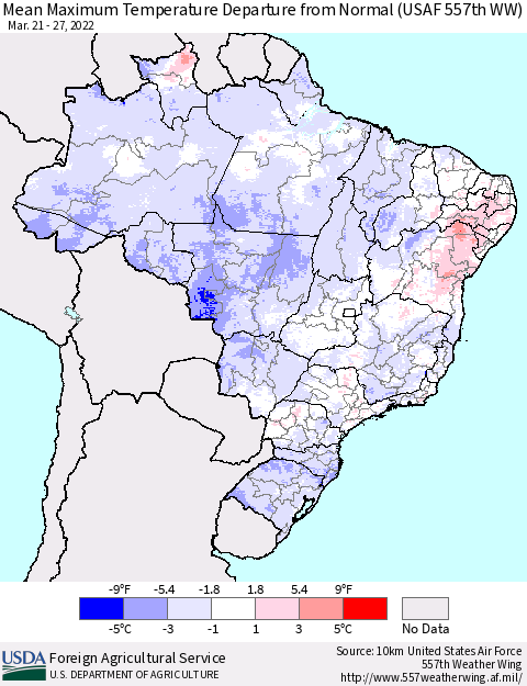 Brazil Mean Maximum Temperature Departure from Normal (USAF 557th WW) Thematic Map For 3/21/2022 - 3/27/2022