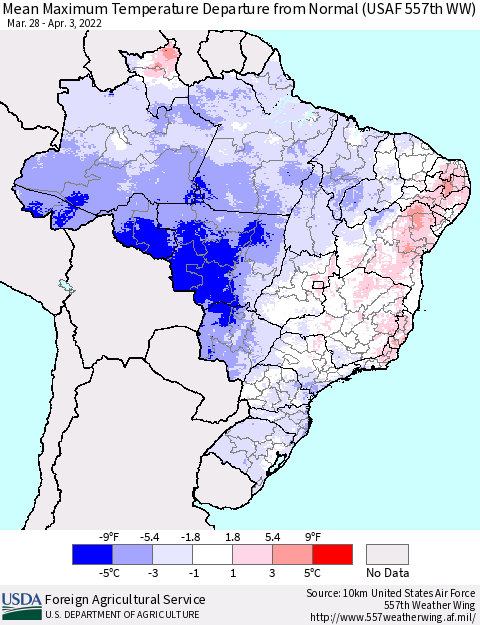 Brazil Mean Maximum Temperature Departure from Normal (USAF 557th WW) Thematic Map For 3/28/2022 - 4/3/2022