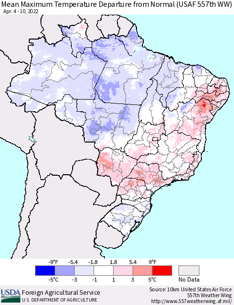 Brazil Mean Maximum Temperature Departure from Normal (USAF 557th WW) Thematic Map For 4/4/2022 - 4/10/2022