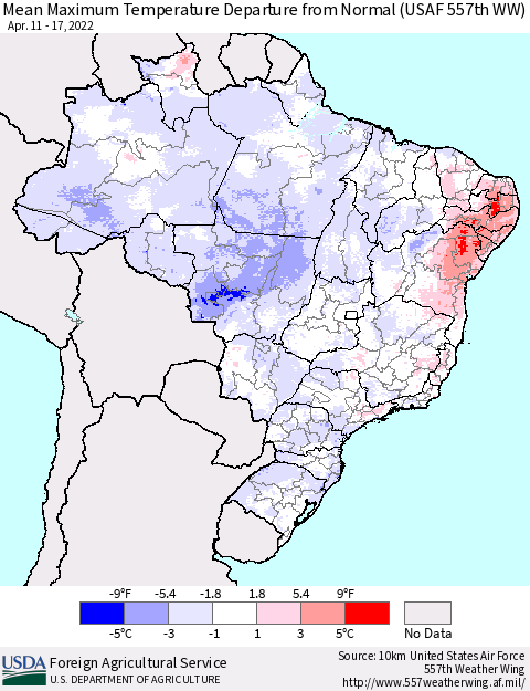 Brazil Mean Maximum Temperature Departure from Normal (USAF 557th WW) Thematic Map For 4/11/2022 - 4/17/2022