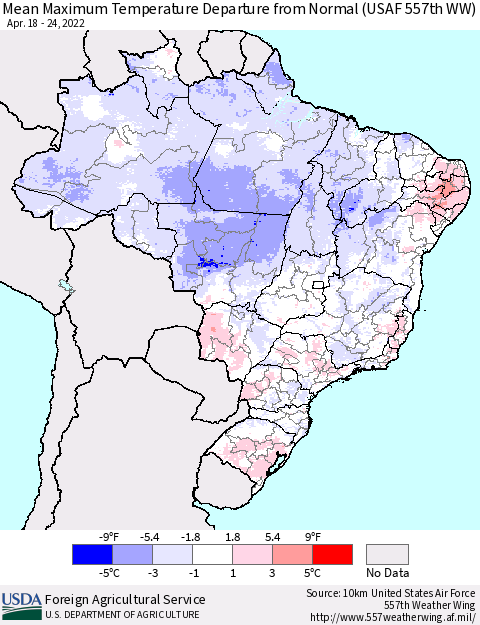 Brazil Mean Maximum Temperature Departure from Normal (USAF 557th WW) Thematic Map For 4/18/2022 - 4/24/2022
