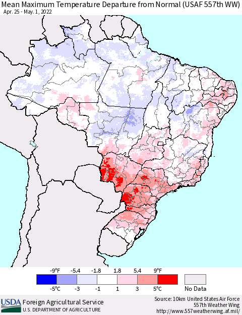 Brazil Mean Maximum Temperature Departure from Normal (USAF 557th WW) Thematic Map For 4/25/2022 - 5/1/2022