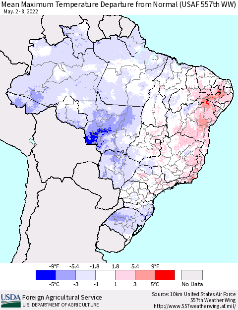 Brazil Mean Maximum Temperature Departure from Normal (USAF 557th WW) Thematic Map For 5/2/2022 - 5/8/2022