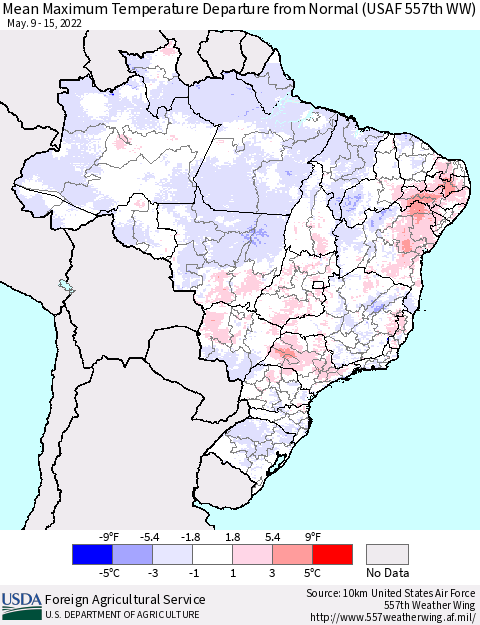 Brazil Mean Maximum Temperature Departure from Normal (USAF 557th WW) Thematic Map For 5/9/2022 - 5/15/2022