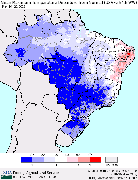Brazil Mean Maximum Temperature Departure from Normal (USAF 557th WW) Thematic Map For 5/16/2022 - 5/22/2022