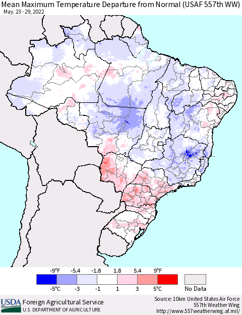 Brazil Mean Maximum Temperature Departure from Normal (USAF 557th WW) Thematic Map For 5/23/2022 - 5/29/2022