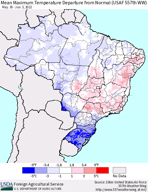 Brazil Mean Maximum Temperature Departure from Normal (USAF 557th WW) Thematic Map For 5/30/2022 - 6/5/2022