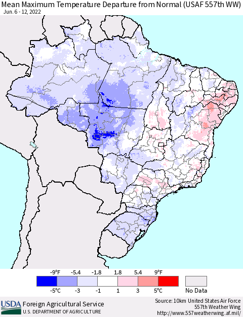 Brazil Mean Maximum Temperature Departure from Normal (USAF 557th WW) Thematic Map For 6/6/2022 - 6/12/2022