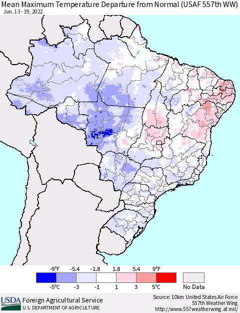 Brazil Mean Maximum Temperature Departure from Normal (USAF 557th WW) Thematic Map For 6/13/2022 - 6/19/2022
