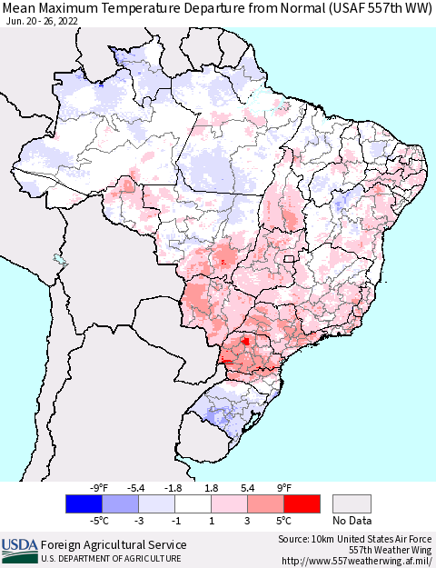 Brazil Mean Maximum Temperature Departure from Normal (USAF 557th WW) Thematic Map For 6/20/2022 - 6/26/2022