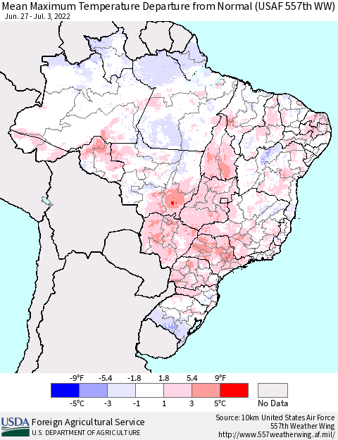 Brazil Mean Maximum Temperature Departure from Normal (USAF 557th WW) Thematic Map For 6/27/2022 - 7/3/2022